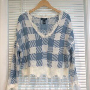 Just Polly Distressed V Neck Light Blue White Checkered Sweater Size M